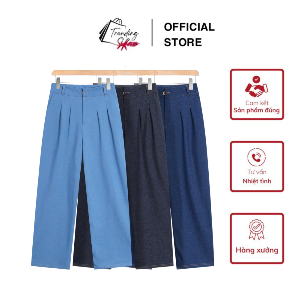 Quần Jean ống suông rộng xếp ly cạp cao, Chiều dài 95 > 100cm