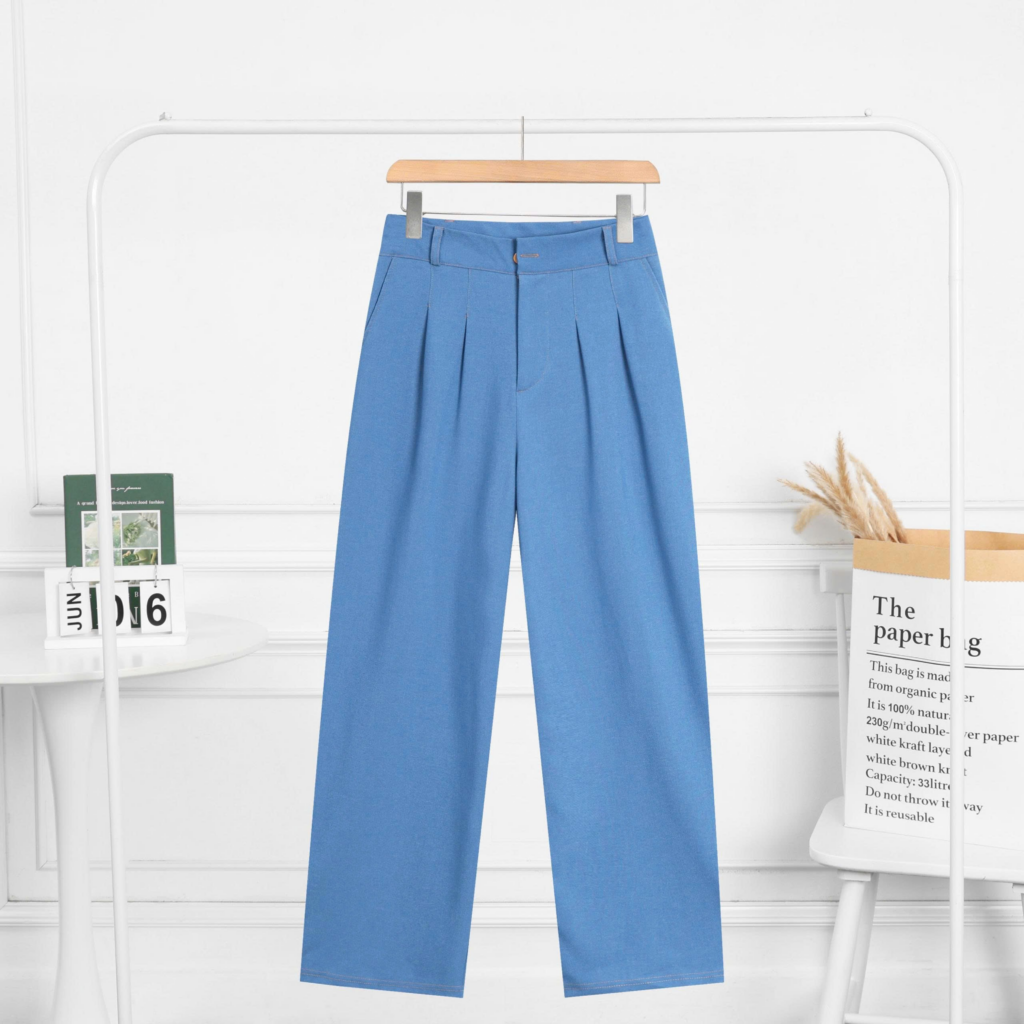 Quần Jean ống suông rộng xếp ly cạp cao, Chiều dài 95 > 100cm