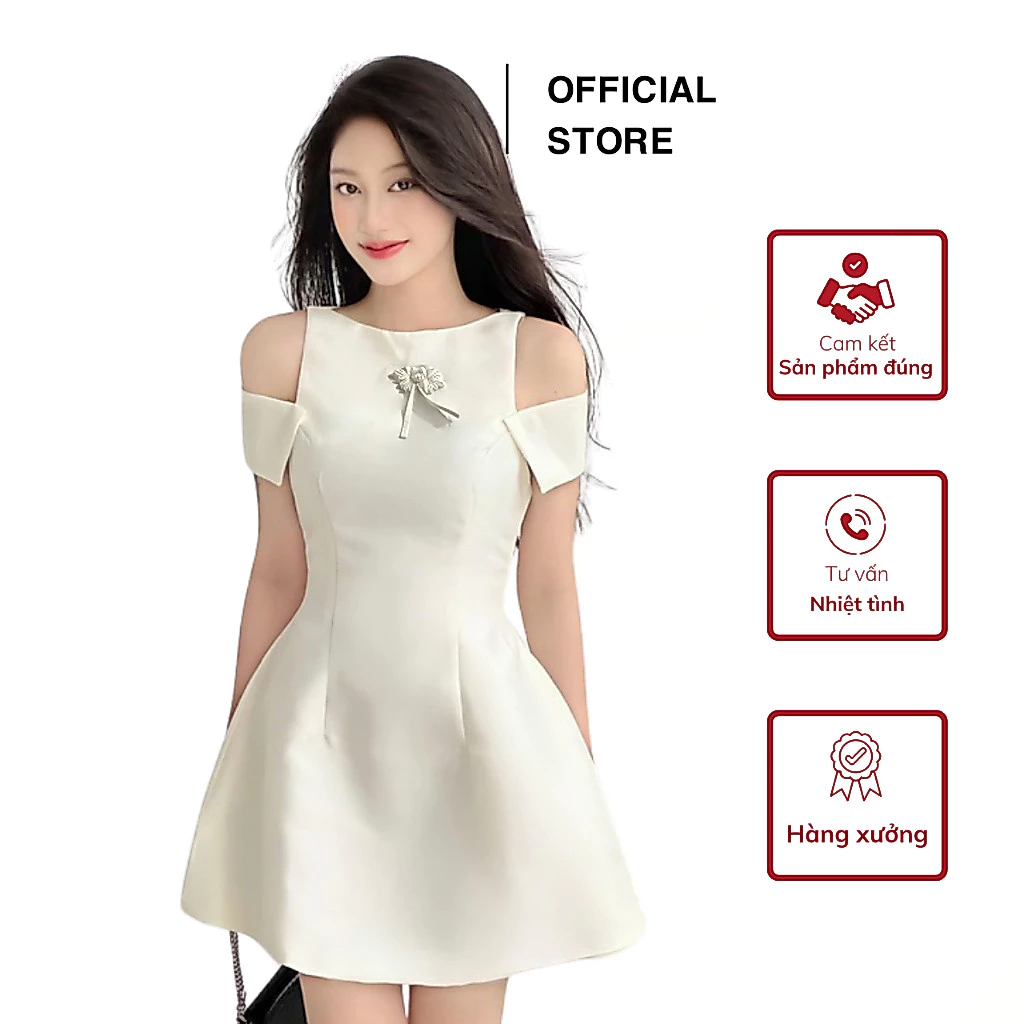 Đầm dự tiệc dáng xòe chữ A hở vai cut-out phối nơ sang trọng phong cách tiểu thư thanh lịch