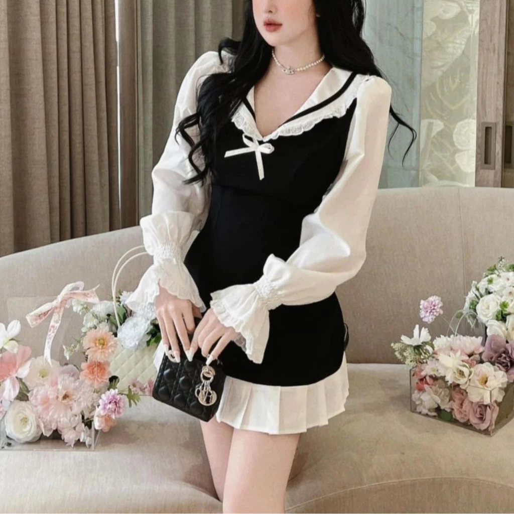 Đầm thiết kế dáng chữ A cổ bèo phối ren tay bồng nhún tùng xếp ly phong cách tiểu thư sang trọng