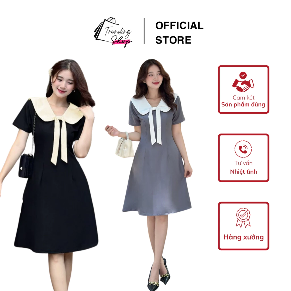 Đầm thiết kế dáng chữ A tay ngắn cổ bản lớn phối nơ thanh lịch sang trọng, màu sắc đa dạng