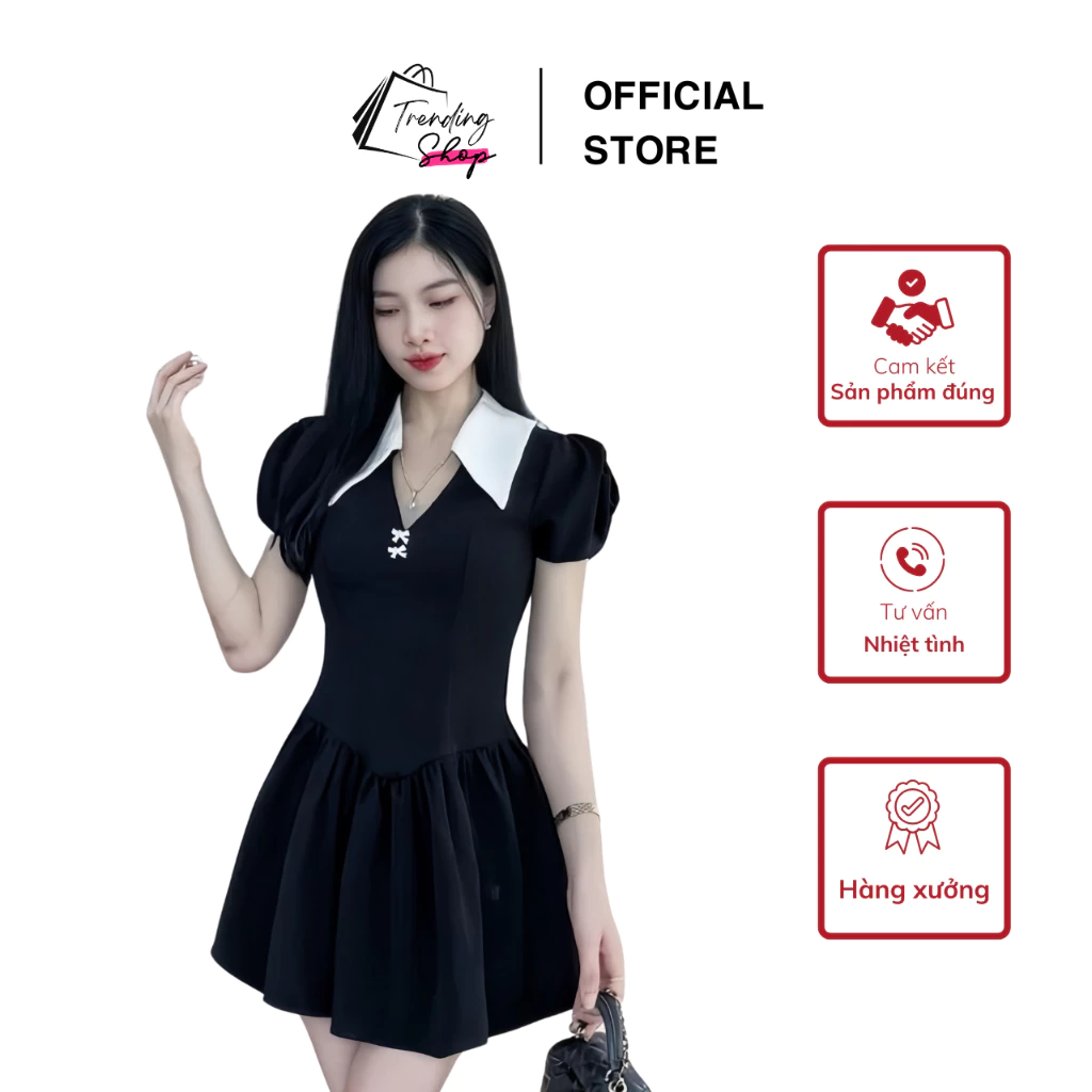 Đầm tiểu thư dáng ngắn xòe cổ nhọn tay bồng thanh lịch, váy dự tiệc thiết kế sang trọng tôn dáng