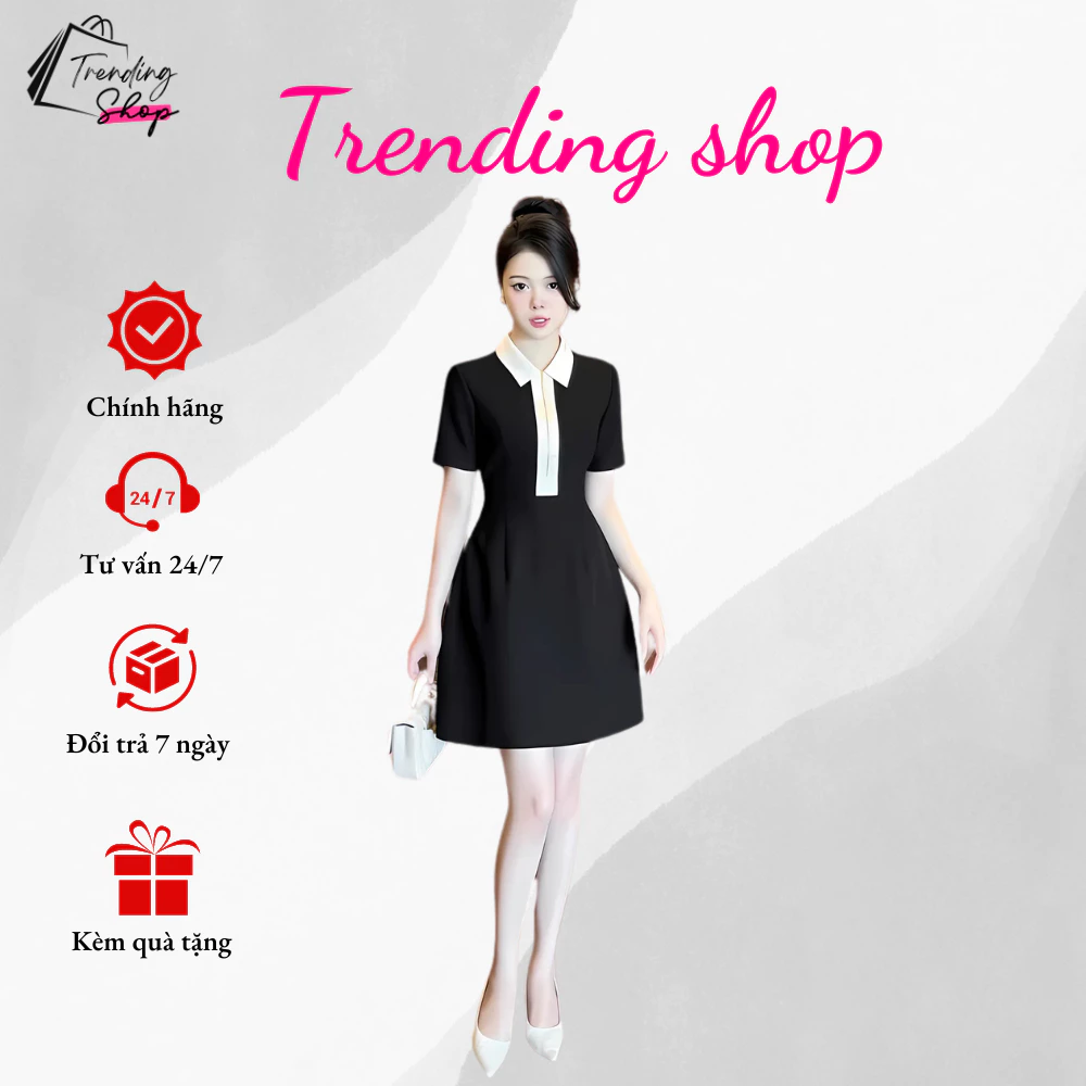 Đầm công sở dáng chữ A tay ngắn cổ polo thanh lịch chất liệu cotton cao cấp sang trọng