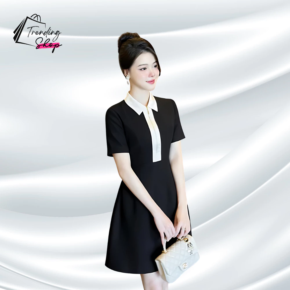 Đầm công sở dáng chữ A tay ngắn cổ polo thanh lịch chất liệu cotton cao cấp sang trọng